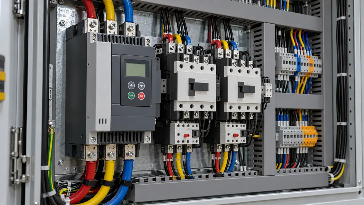 An open pump control panel: a soft starter with a keypad, two contactors and overload relays, wired in red, yellow and blue.