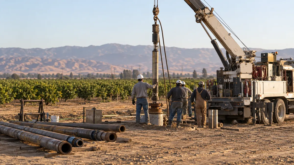 Four workers in hard hats pulling a pump out of a well with a crane truck at the edge of a citrus grove, sections of column pipe laid on the dirt beside them.