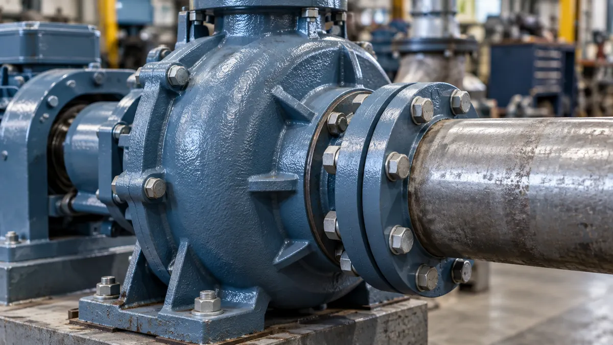 Close-up of a blue-grey pump housing bolted to a steel pipe flange in a shop.