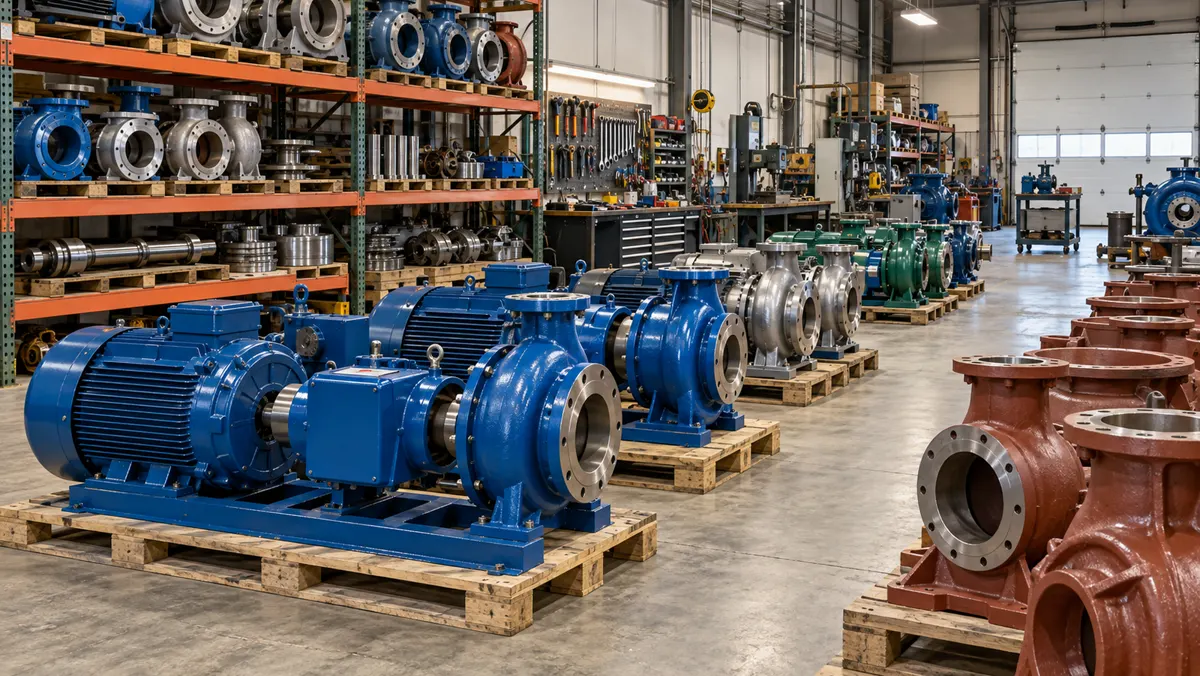 A pump shop floor with blue and stainless centrifugal pumps on wooden pallets and shelving stacked with pump housings and parts.