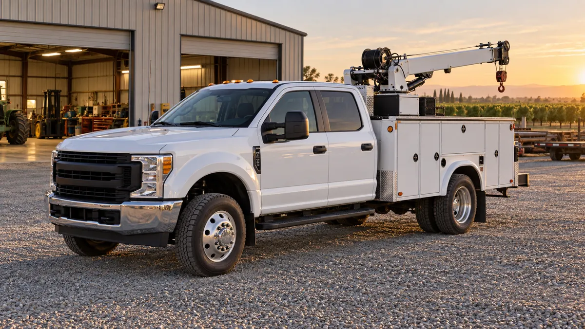 A white crane service truck parked on gravel outside a metal shop building at sunset, orchard rows behind it.