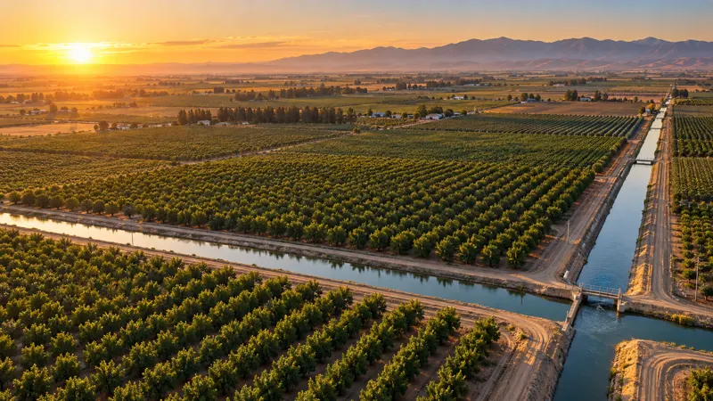 Golden-hour aerial view of Central Valley orchards cut by irrigation canals, with mountains along the horizon.