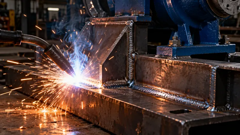 A welding torch throwing sparks along a steel base frame under a blue pump.